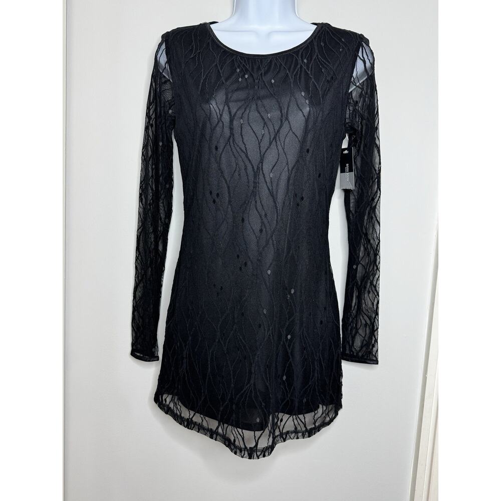 Bisou‎ Bisou Black Mesh Long Sleeve Mini Dress M Sheer 90s Y2K Cocktail Dance